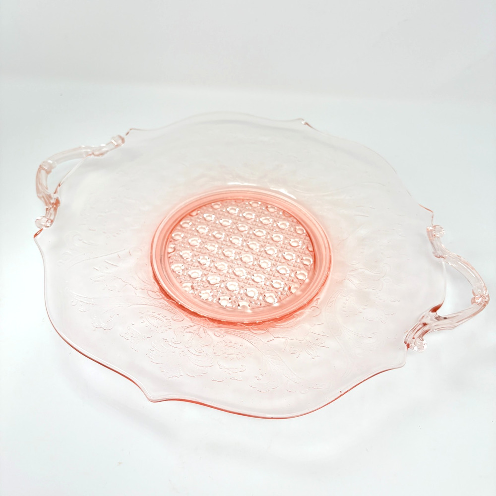 Depression Glass Lancaster Pink Cane Landrum 13" Handled Sandwich Plate Platter